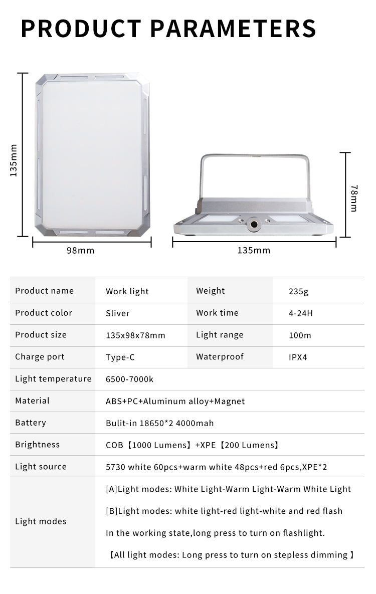 High Power Portable LED Work Light Rechargeable Waterproof Search Light Outdoor Emergency Aluminum ABS Body Cold White Emission