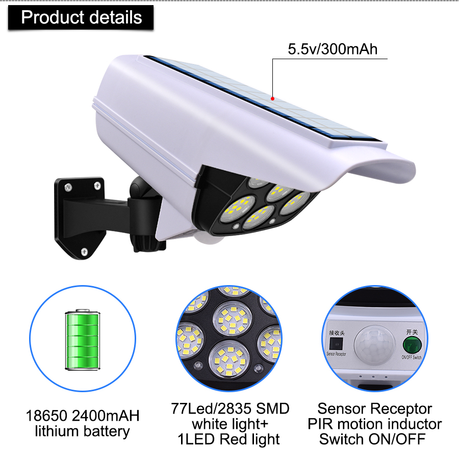 Outdoor Waterproof LED Solar Street Flood Light 80 Garden Security Wall Motion Sensor IP65 ABS Simulation Fa Ke Surveillance