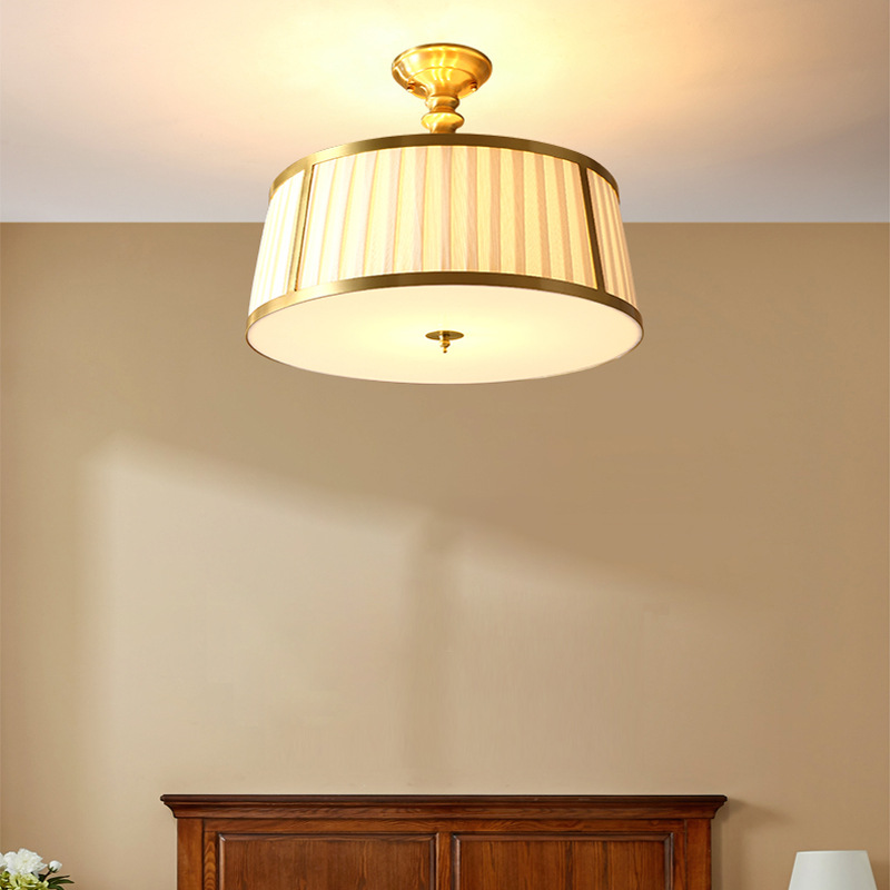 European Style American Chandelier Modern Copper Ceiling Light With Cloth Cover for Bedroom or Balcony Iron ba<i></i>se