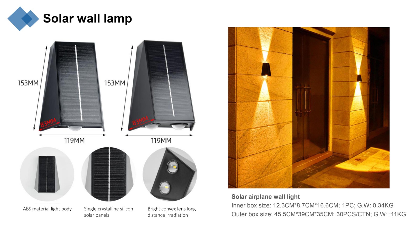 Modern Outdoor Garden LED Solar Wall Light IP65 Wireless Aluminum & PC Battery & Solar Panel Power Supply Small Sizes