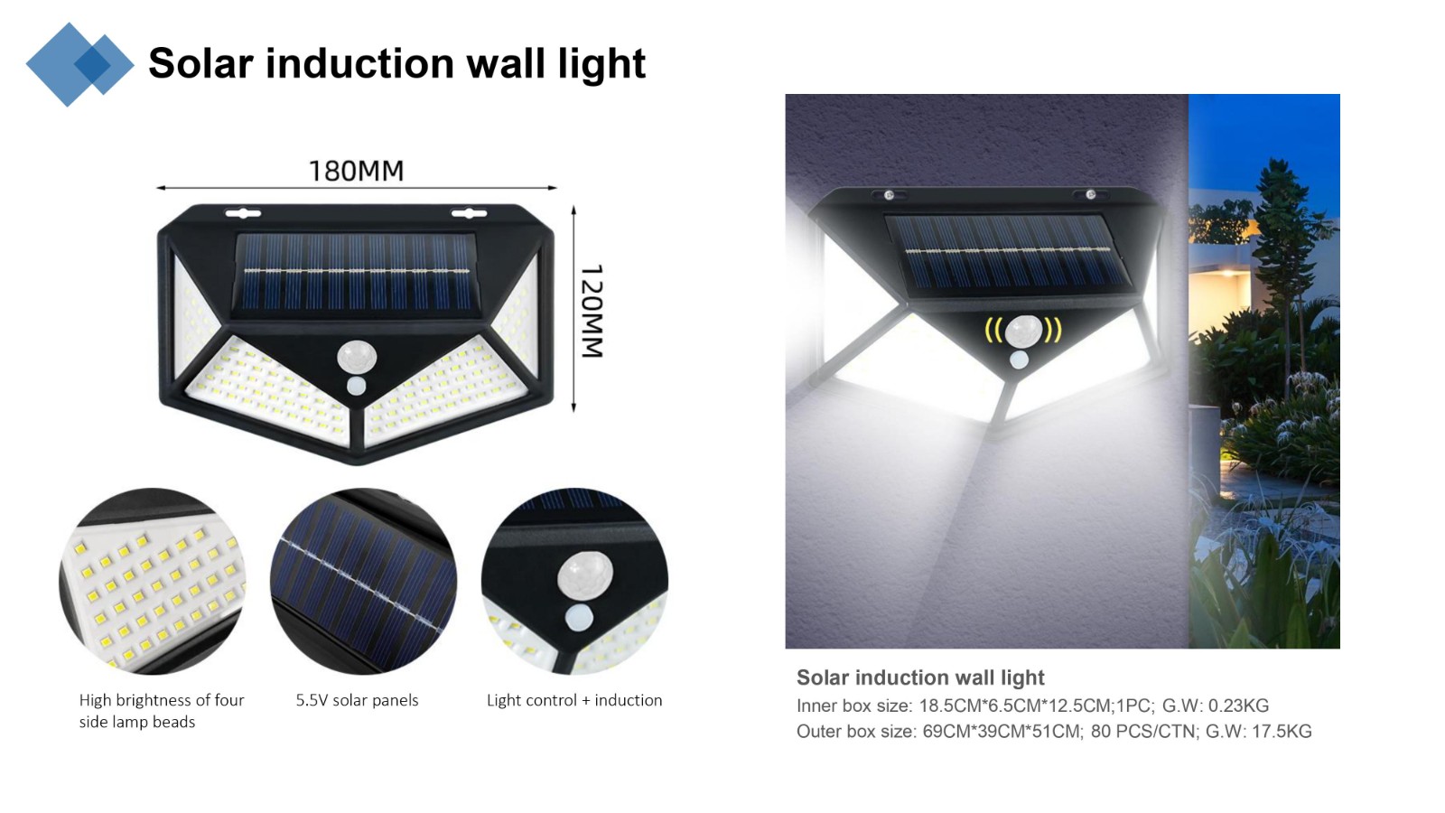 Modern Outdoor Garden LED Solar Wall Light IP65 Wireless Aluminum & PC Battery & Solar Panel Power Supply Small Sizes