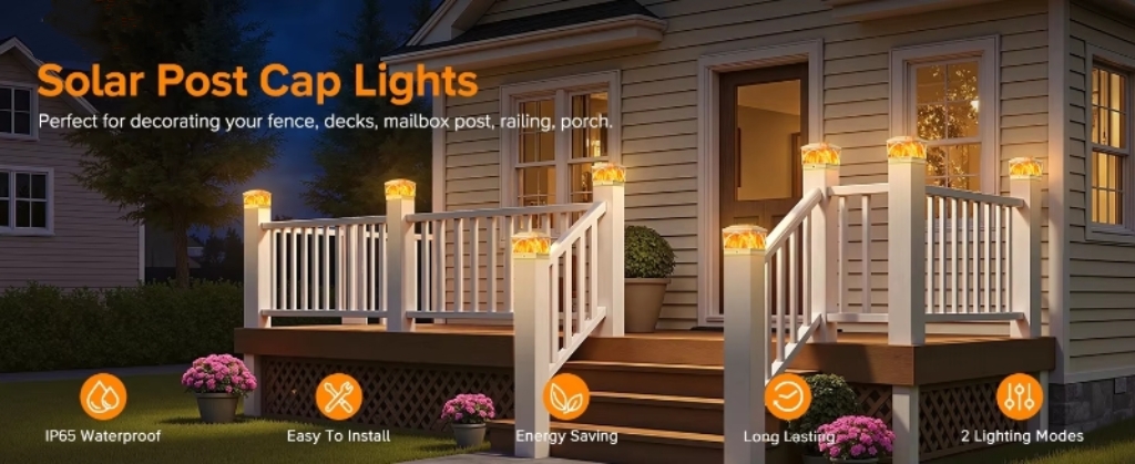 Outdoor Solar Fence Post Lights Flickering Flame White Solar Garden Post Lights for 4X4 Vinyl Wooden Post Cover Yard Patio Decor