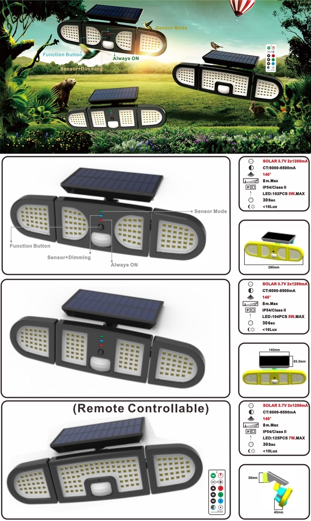 ES-SSL01C Led Solar Wall Light 3 Head Motion Sensor Lights Adjustable  Solar Security Light  125 LED IP54