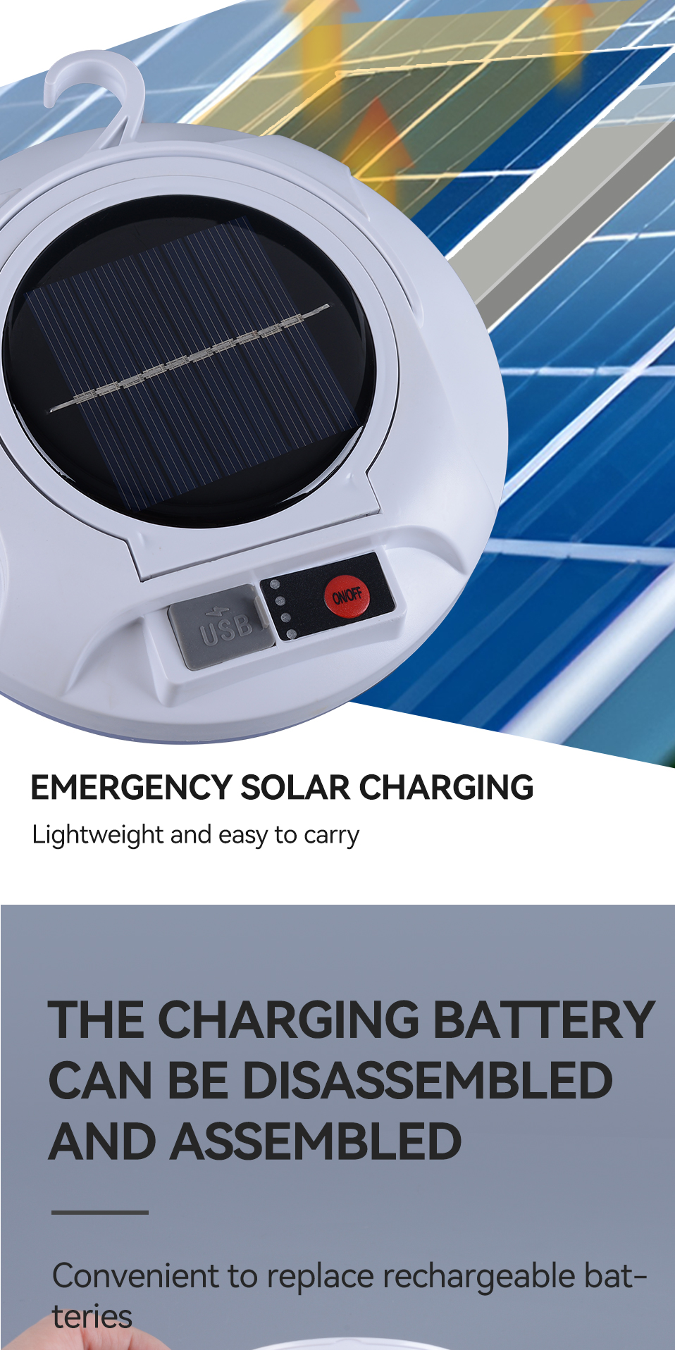 Portable Hanging Camping Lantern Battery Rechargeable Emergency Light Waterproof Solar LED Camping Lamp Bulb for Fishing Tent