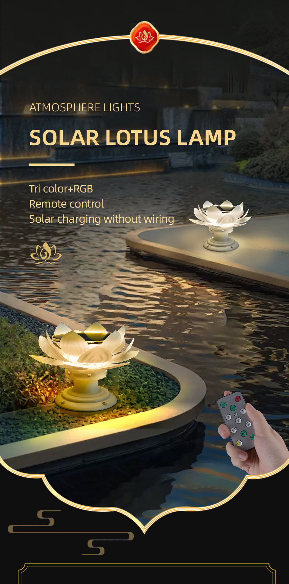 Dingdian LED Solar Lotus Lamp Outdoor Waterproof IP65 Solar Lighting Color Garden LED Night Lighting RGB Ce Terrace Lamp 80 1000