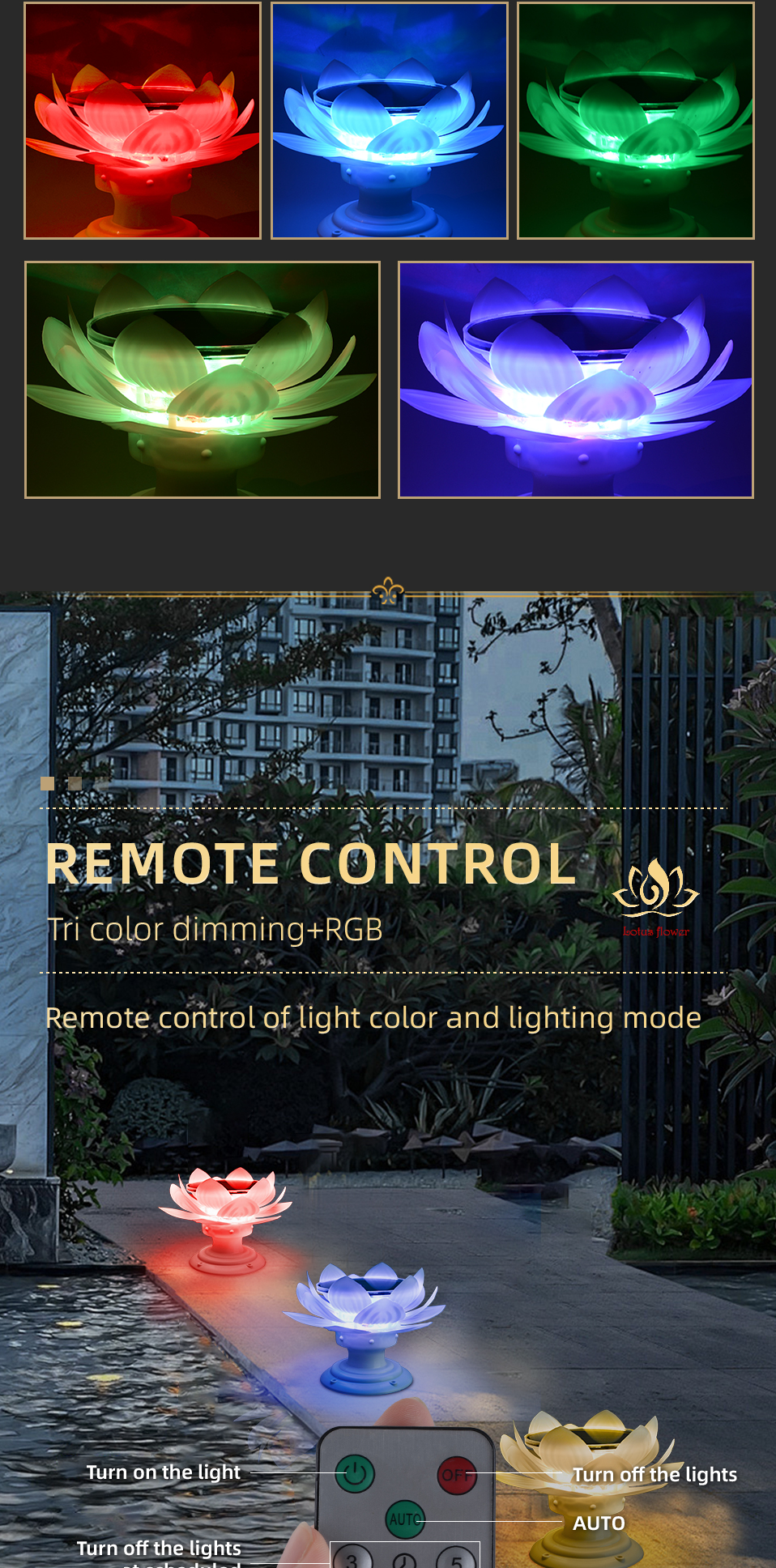 Dingdian LED Solar Lotus Lamp Outdoor Waterproof IP65 Solar Lighting Color Garden LED Night Lighting RGB Ce Terrace Lamp 80 1000