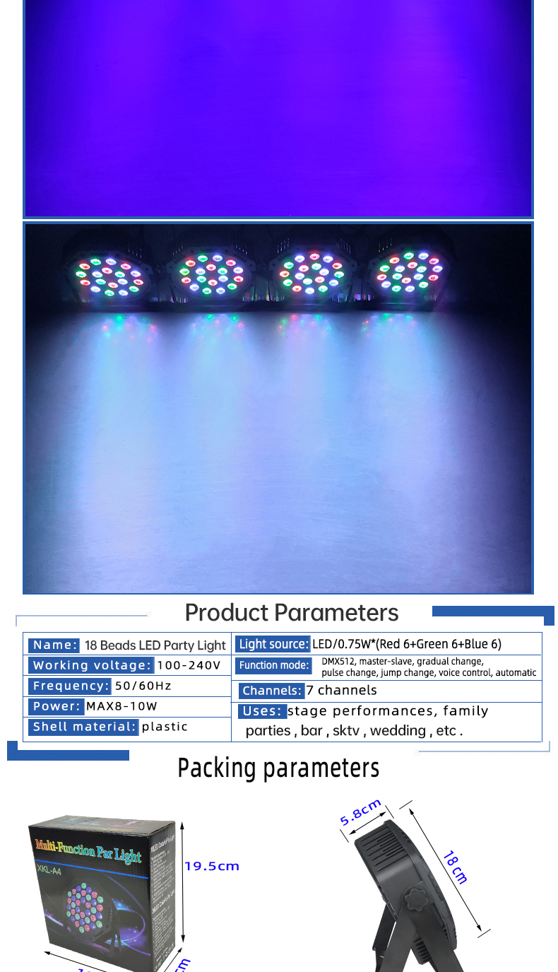 18 Beads RGBW Sound Activate DMX512 Par Stage Lights 54X3W Stage Lighting for Wedding DJ Disco LED PC 80 7 Channels Dingdian LED