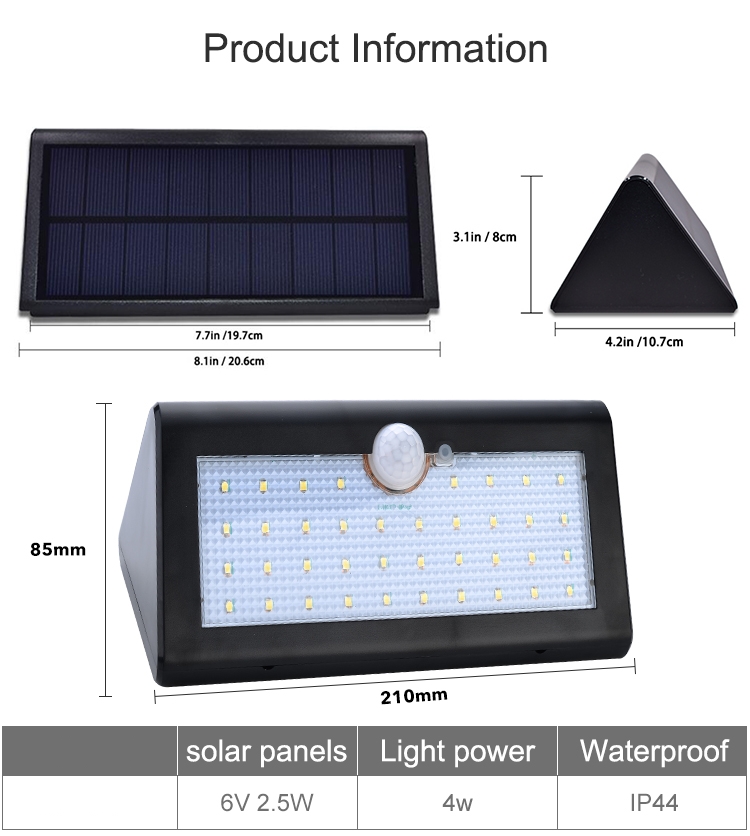 Morden 4W Solar Powered LED Wall Light Polysilicon Solar Panel IP65 Outdoor Warm White Garden Light ABS Body 3000K CCT 3.7V