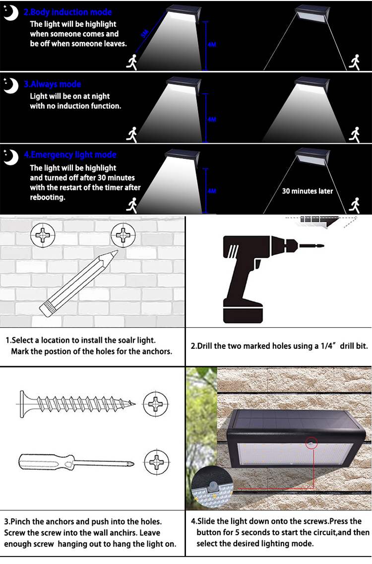 Morden 4W Solar Powered LED Wall Light Polysilicon Solar Panel IP65 Outdoor Warm White Garden Light ABS Body 3000K CCT 3.7V