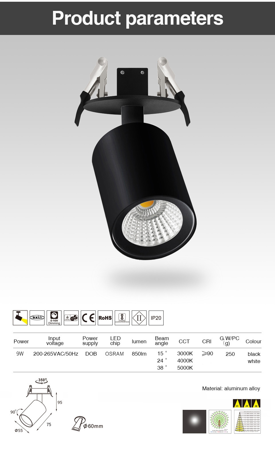 High Quality 9W LED Spotlight COB Downlight for Clothing Stores White LED Lamp 220V for Living Room Ceiling Spot Light AC Power
