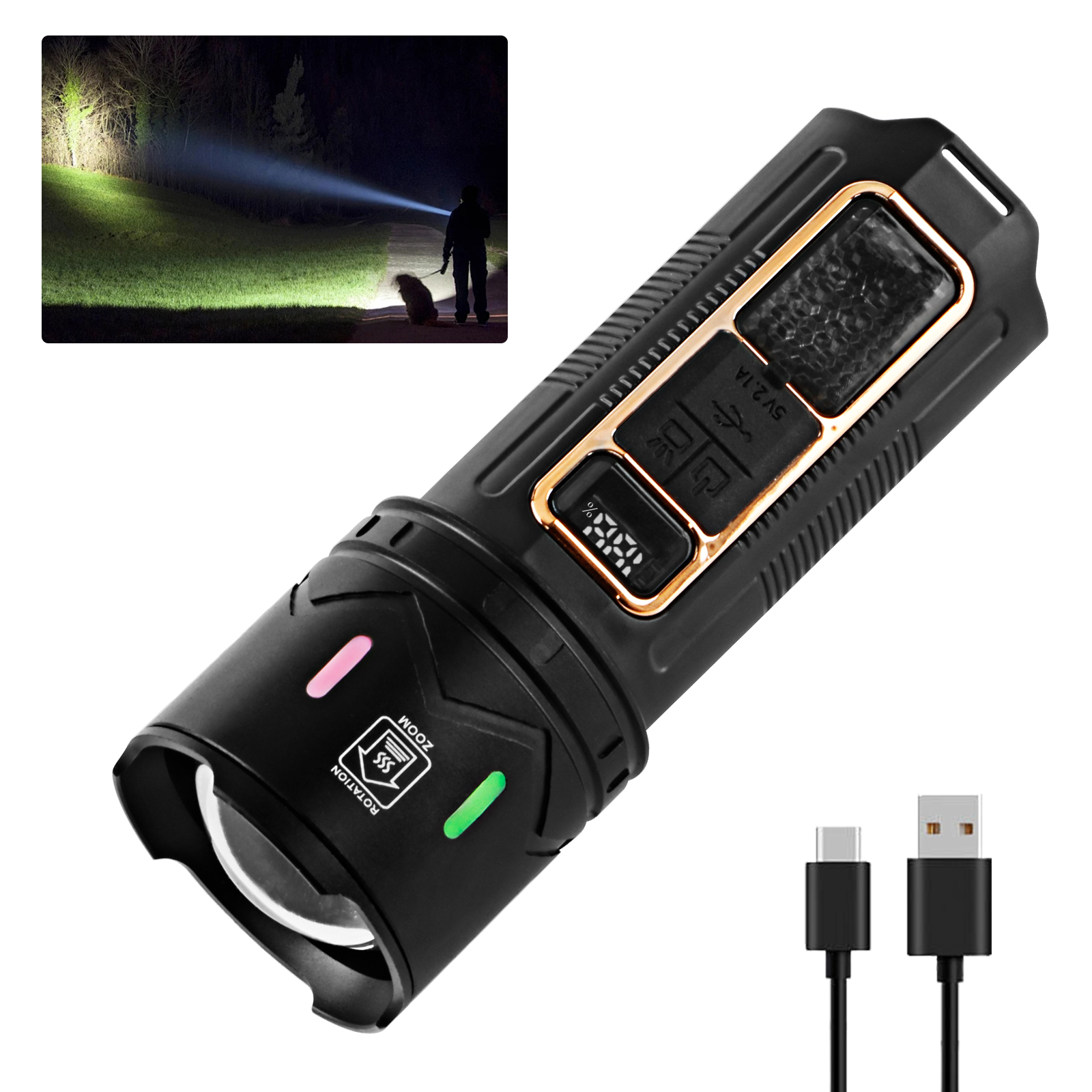Super Bright 5 Modes Rechargeable COB Red Blue Zoom Power Display Flashlight FSH410