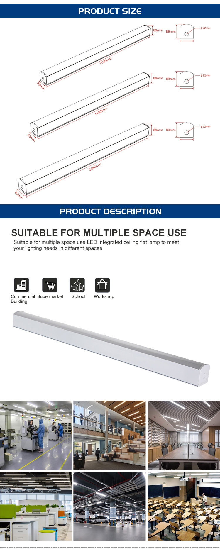 OGJG Wood Grain Color Warehouse Emergency Led Linear Custom Light Fixtures