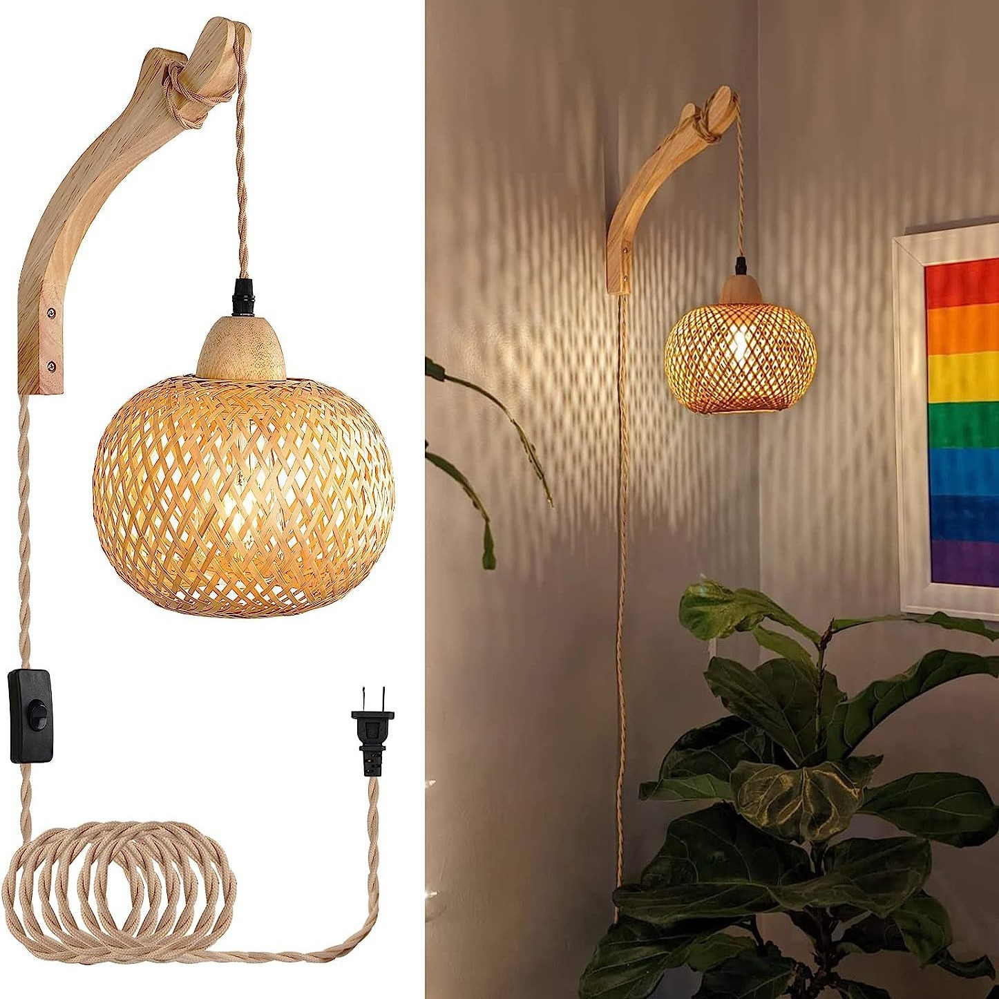 Round Hanging Bamboo Rattan Living Room Rustic Wood Wall Light WL4560
