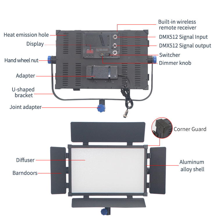 Videography Equipment DMX/ Remote LED Studio Panel Light with Barndoor
