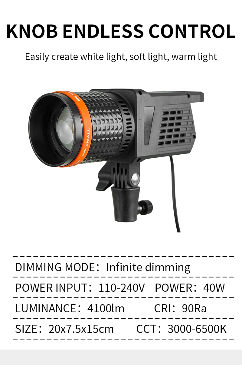 40W COB Spotlight Compact Focusing Video LED Fill Light for Live Streaming and Portraits