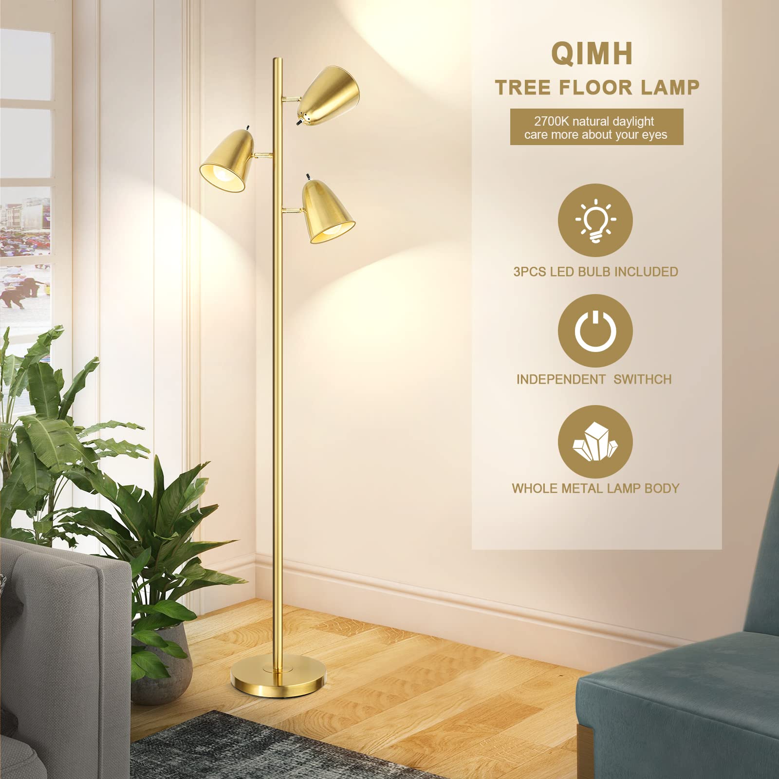 Modern 3-Light Brushed Gold Floor Lamp with Adjustable Arms E27 ba<i></i>se me<i></i>tal Shade for Hotel Living Room Bedroom Office Reading