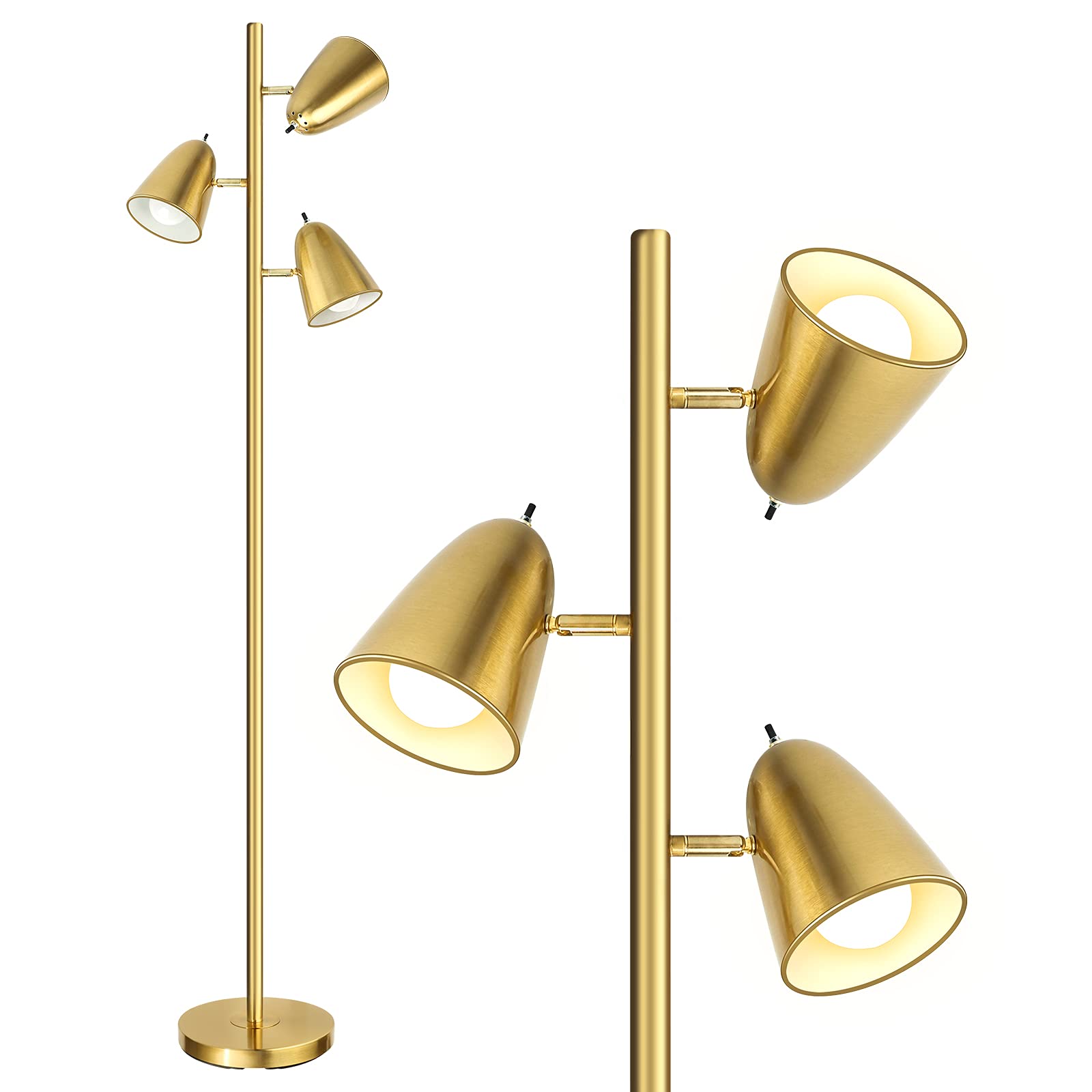 Modern 3-Light Brushed Gold Floor Lamp with Adjustable Arms E27 ba<i></i>se me<i></i>tal Shade for Hotel Living Room Bedroom Office Reading