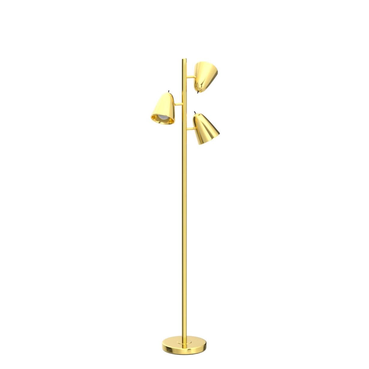 Modern 3-Light Brushed Gold Floor Lamp with Adjustable Arms E27 ba<i></i>se me<i></i>tal Shade for Hotel Living Room Bedroom Office Reading
