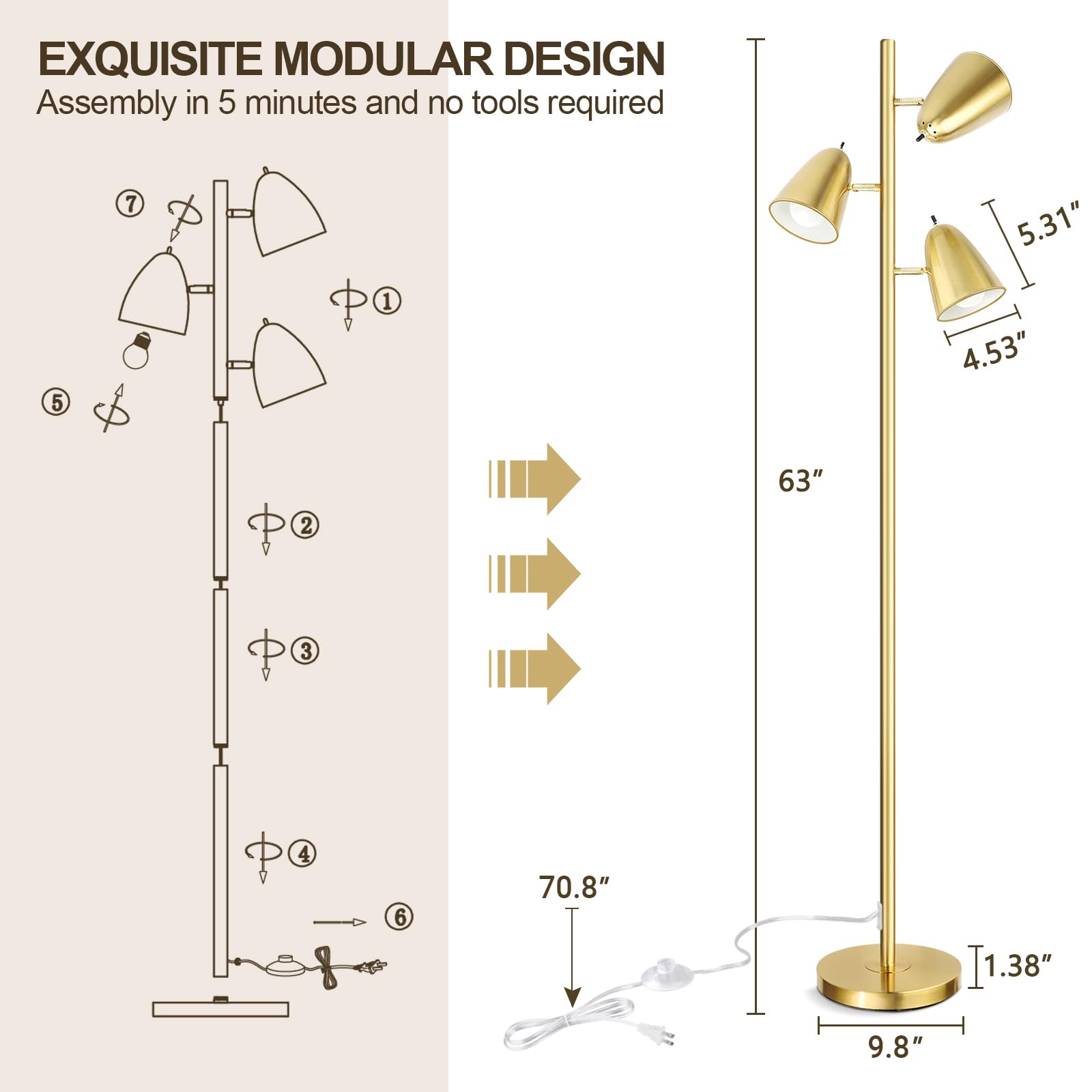 Modern 3-Light Brushed Gold Floor Lamp with Adjustable Arms E27 ba<i></i>se me<i></i>tal Shade for Hotel Living Room Bedroom Office Reading