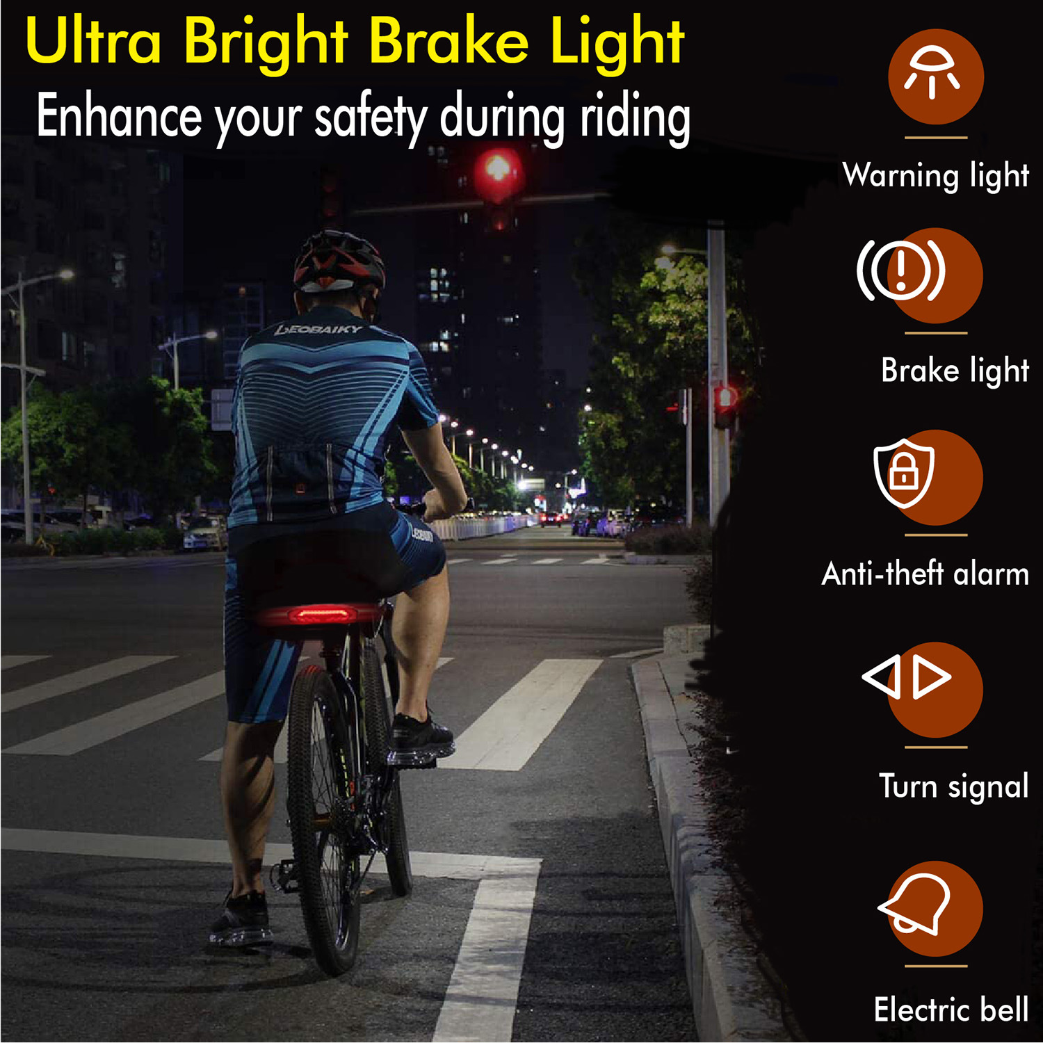 Brake Sensing Horn Cornering Lamp Burglar Alarm USB Rechargeable LED Bike Light BKE6100picture6