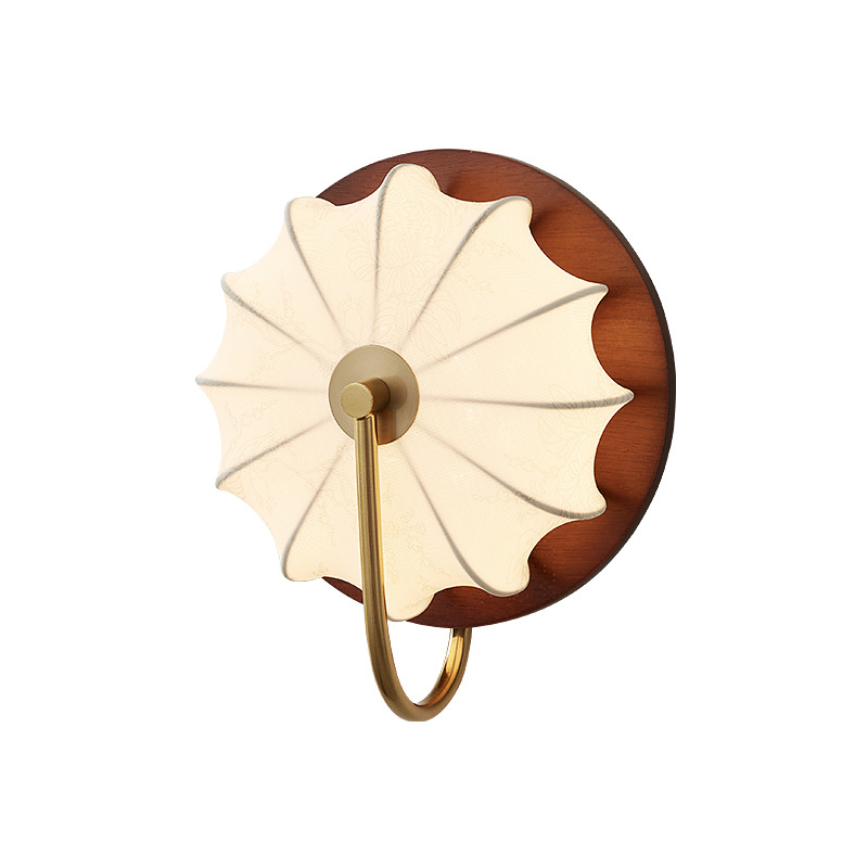 French Style Retro Solid Wood Walnut Wood Round Fabric Decorative Wall Lamp WL4780