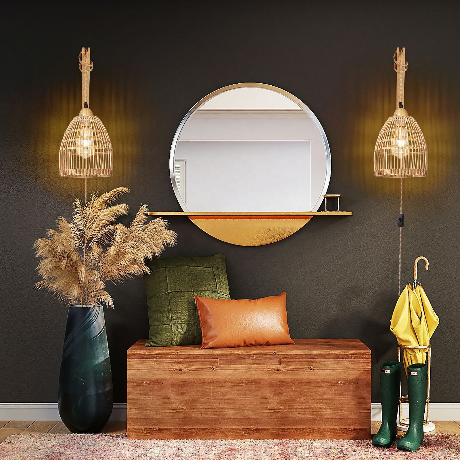 Customized Bamboo Weaving Wall Hanging Lamp Rattan Scones Chandelier Pendant Light BBR150picture5