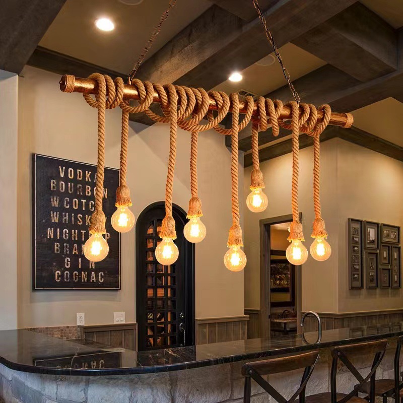 American Industrial Retro Loft Simple Creative Perso<i></i>nality Lighting Hemp Rope Pendant Light for Restaurant Bar Hotels-Middle