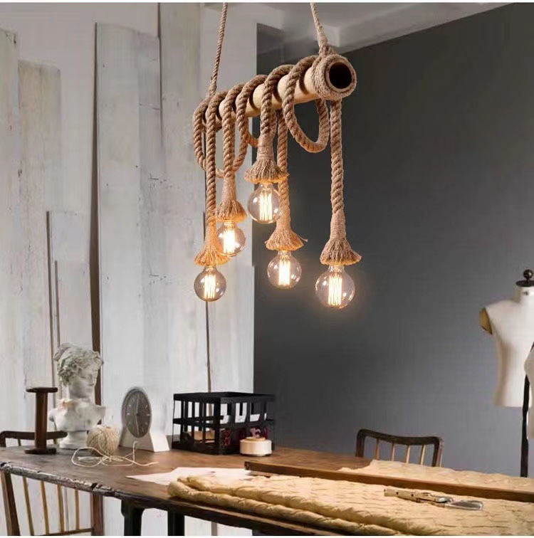 American Industrial Retro Loft Simple Creative Perso<i></i>nality Lighting Hemp Rope Pendant Light for Restaurant Bar Hotels-Middle