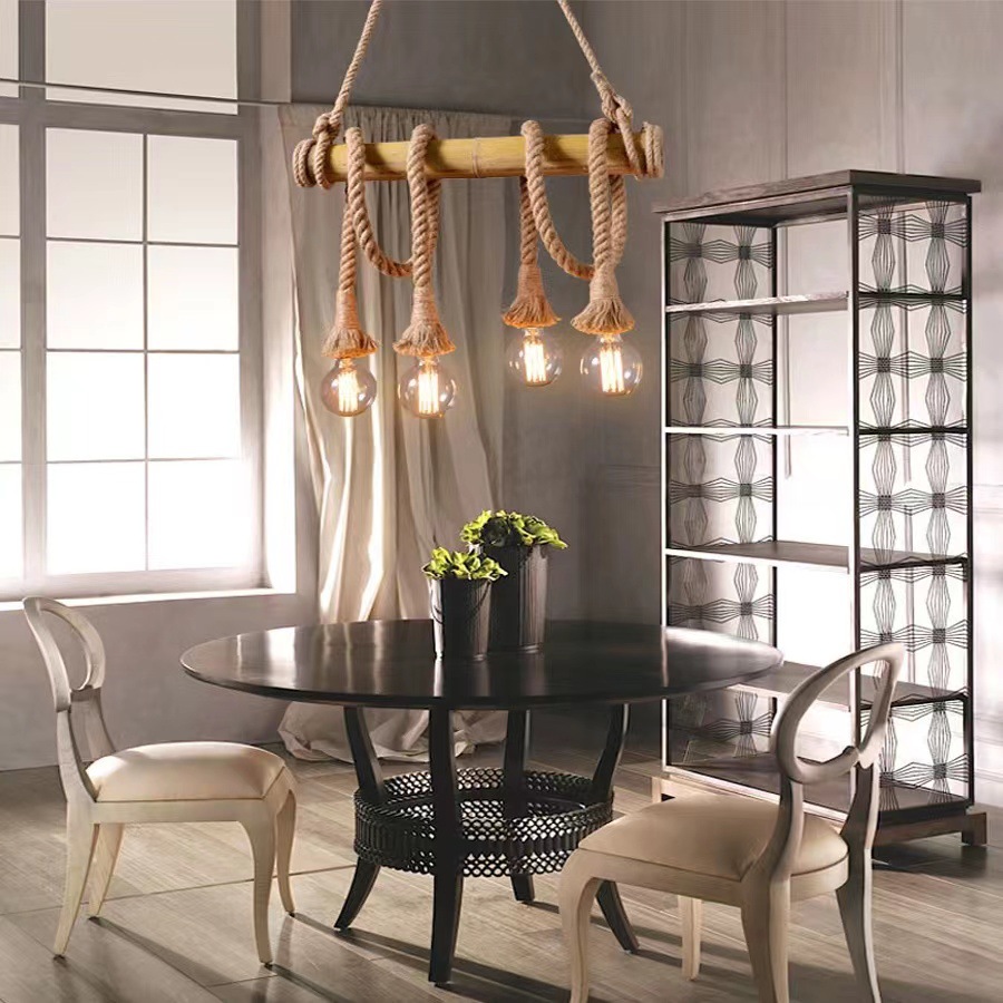American Industrial Retro Loft Simple Creative Perso<i></i>nality Lighting Hemp Rope Pendant Light for Restaurant Bar Hotels-Middle
