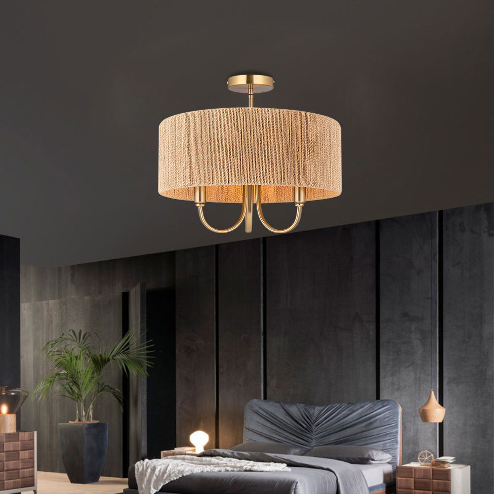 American Country Simple Modern Rattan Ceiling Chandelier Warm White Fabric Light for Living Dining Bedroom Cafe me<i></i>tal Design