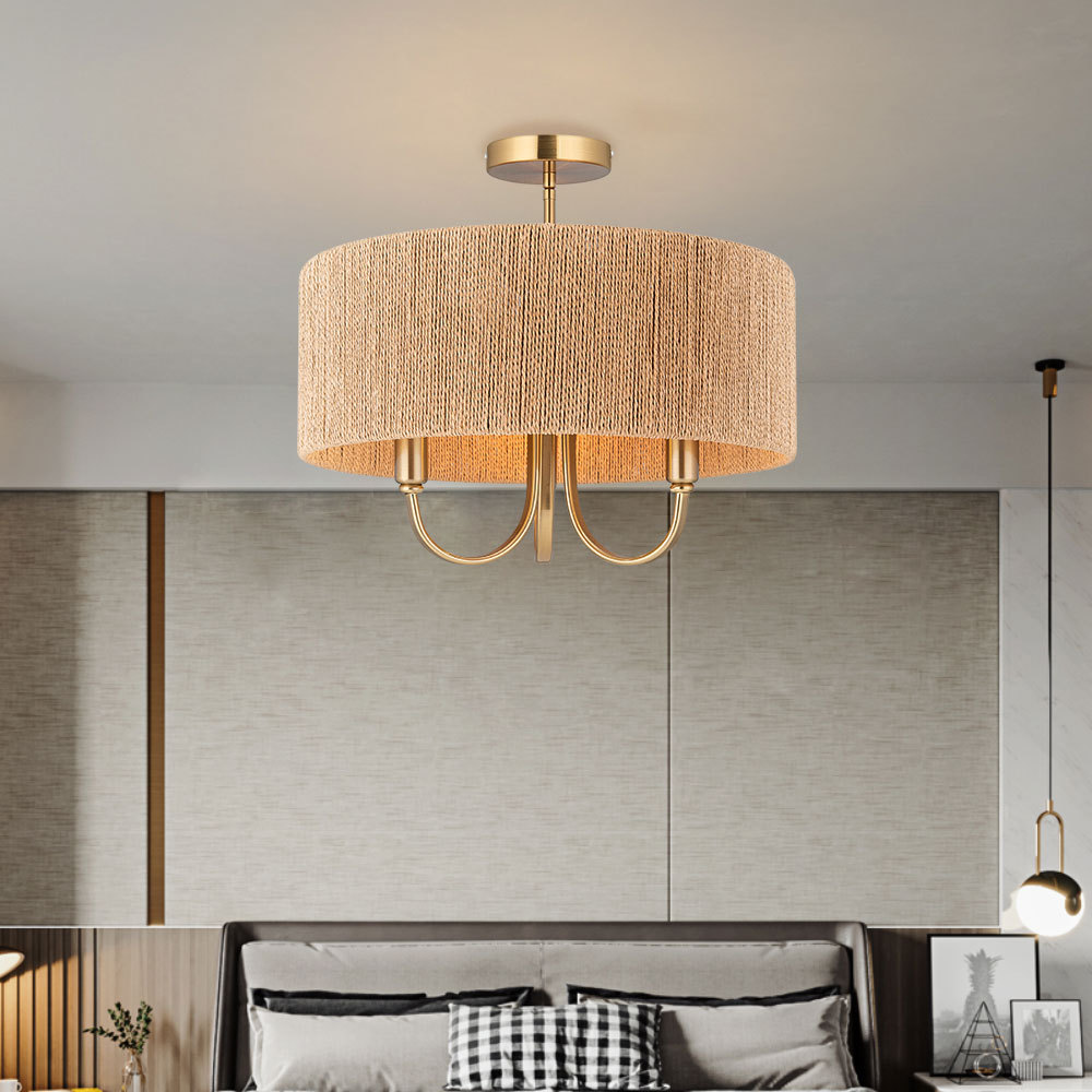 American Country Simple Modern Rattan Ceiling Chandelier Warm White Fabric Light for Living Dining Bedroom Cafe me<i></i>tal Design