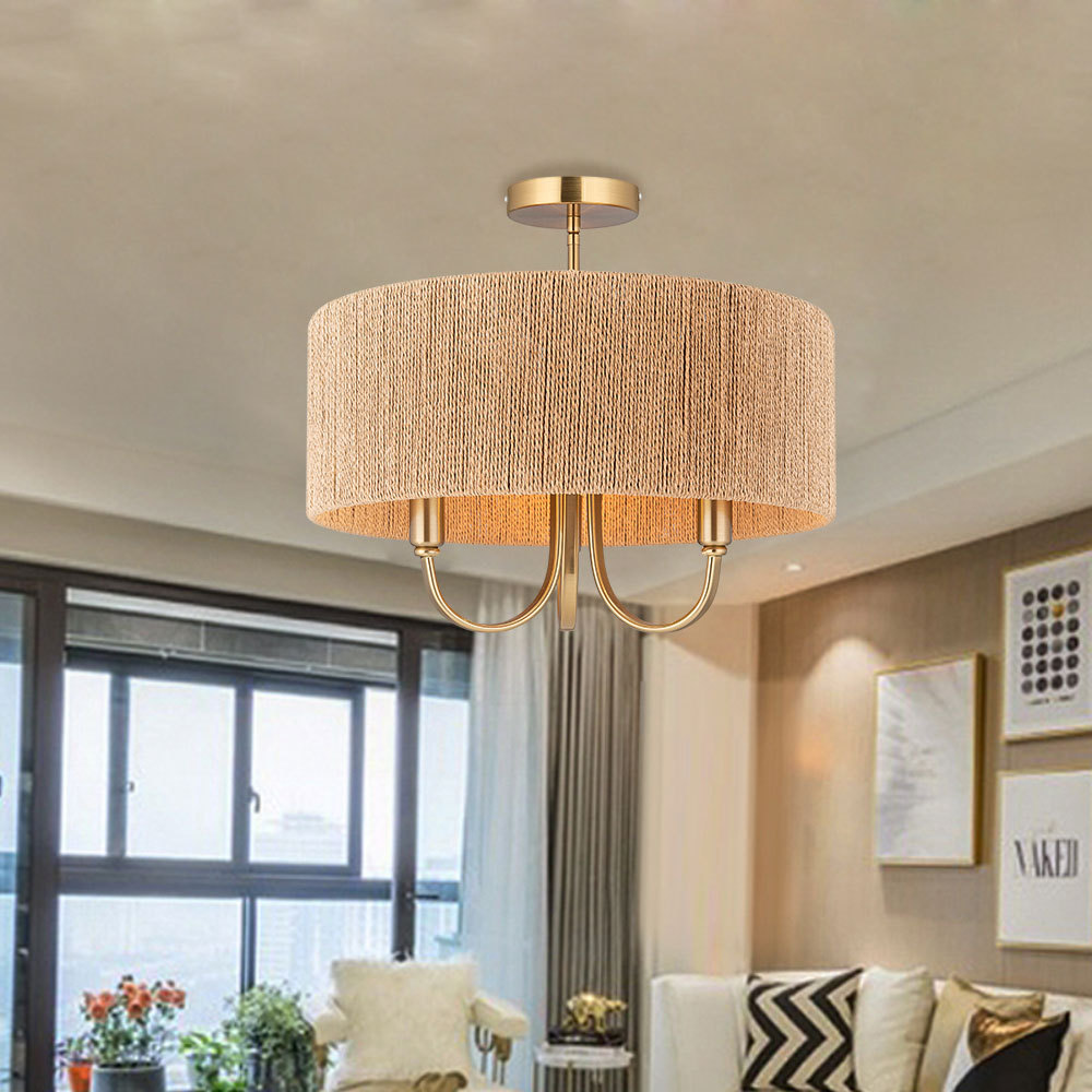 American Country Simple Modern Rattan Ceiling Chandelier Warm White Fabric Light for Living Dining Bedroom Cafe me<i></i>tal Design