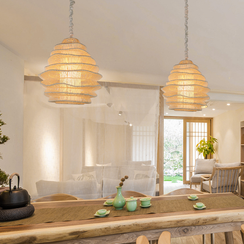 Wholesale Indoor Handmade Wicker Hanging Lamps Farmhouse Design Rattan Pendant Light Hat Shaped