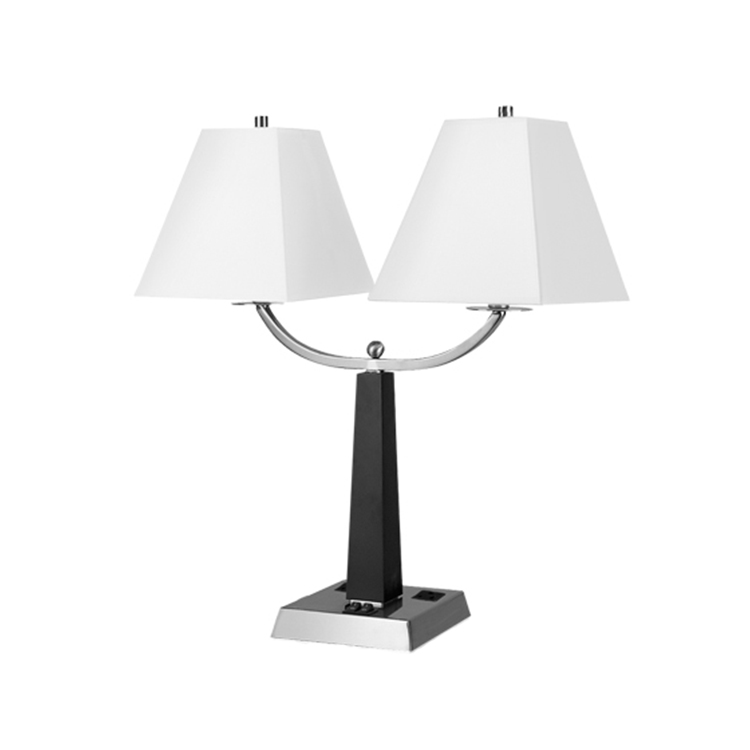 Brushed Nickel Finish Matte Black Lamparas De Mesa King Queen Night Stand Lamp Hotel Twin Table Lamp With Outlets and USB Port