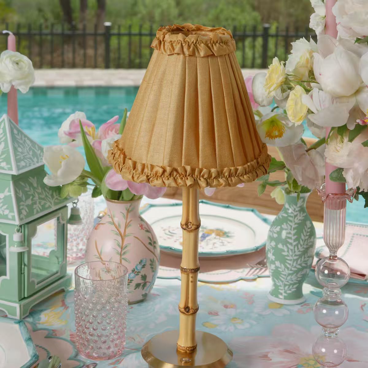 Bamboo Jointed Table Lamp Remote Co<i></i>ntrol Capable Cordless Lamp Rechargeable Battery Fabric Shade Wireless Charging Table Lamp