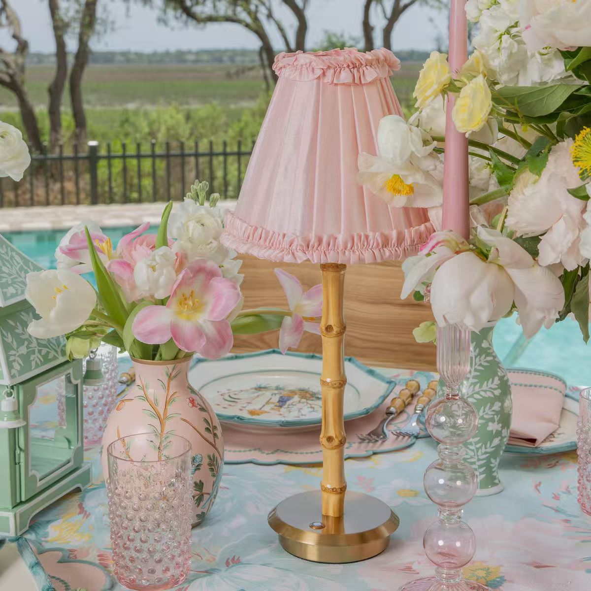 Bamboo-jointed Table Lamp Color 3000K Cordless Table Lamp Rechargeable Battery Fabric Shade Wireless Charging Table Lamp