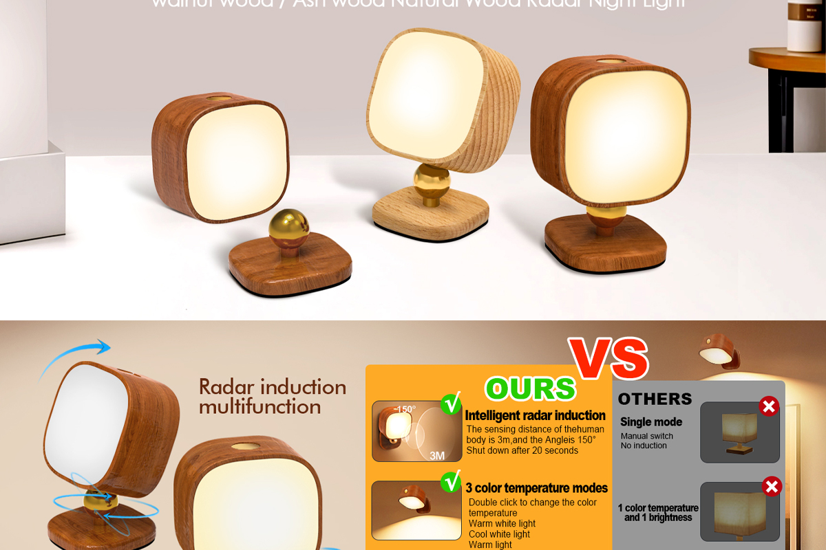 Smart USB Charging Solid Wood Night Light radar Sensing Corridor Light Co<i></i>nvenient Magnetic LED Bedside Light Decoration