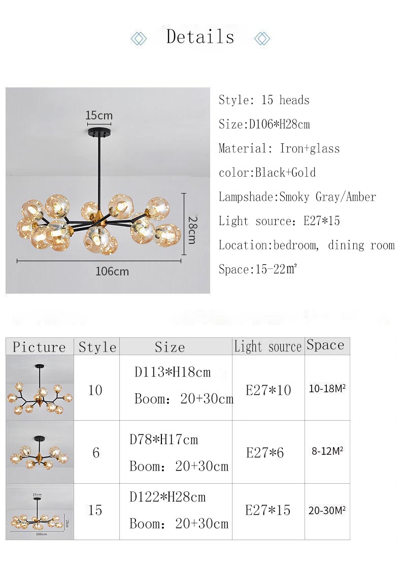 Nordic Modern Luxury Hotel Dining Room Table Chandelier Iron Glass Black+Gold Fashion Atmosphere Shop Lights Romantic Lighting