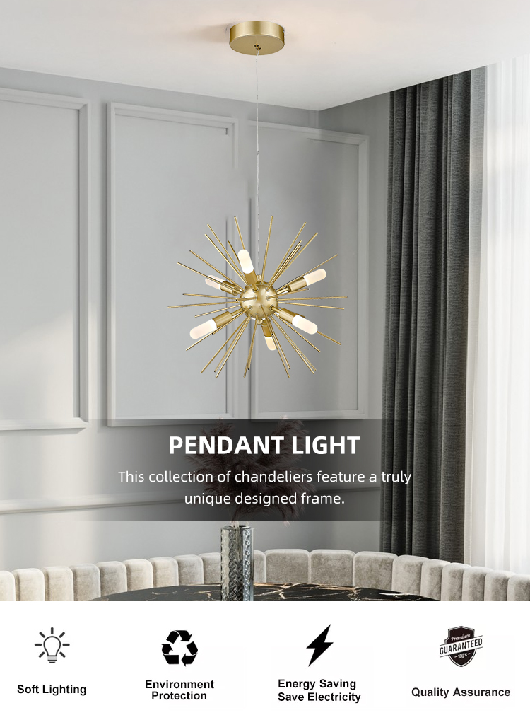 New Arrival Suspended Mounted Indoor Decoration Gold Hanging Led Chandelier Pendant Light