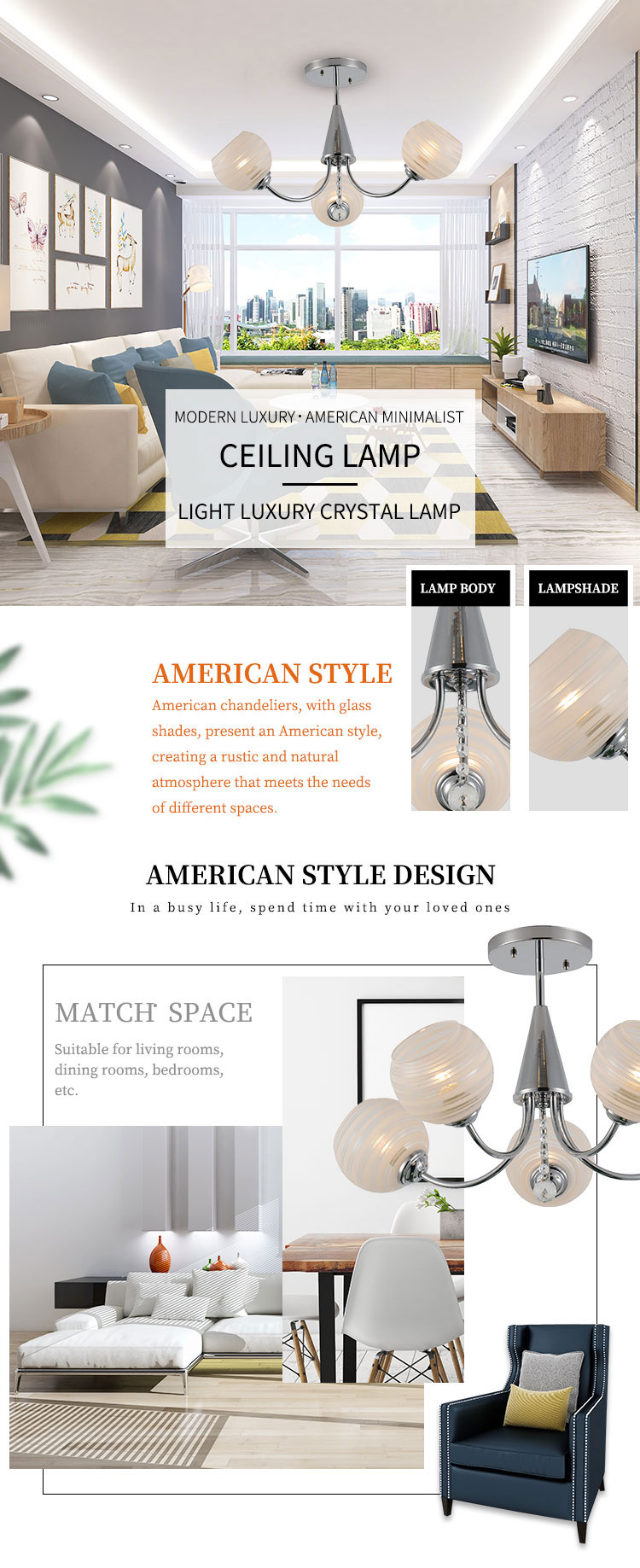 Co<i></i>ntemporary Indoor Home Decoration Glass Lampshade E27 Chandeliers Ceiling Light