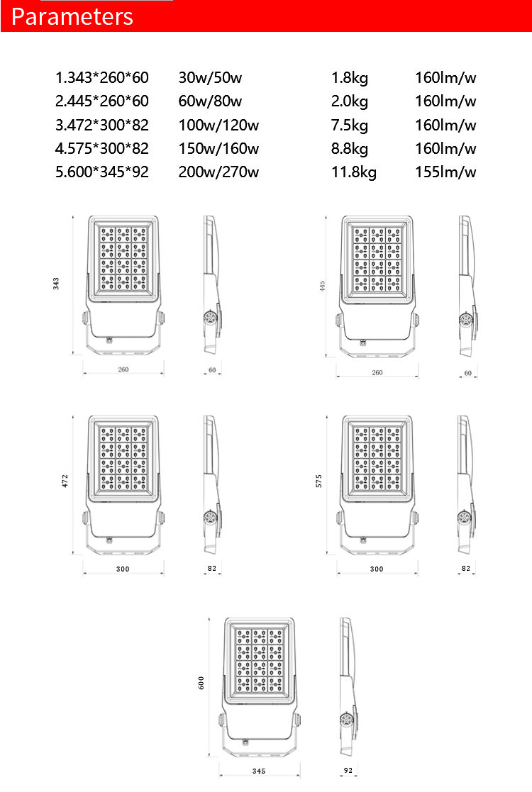 Popular New Product Playground High Power Lighting 150W 200W 300W LED Flood Light